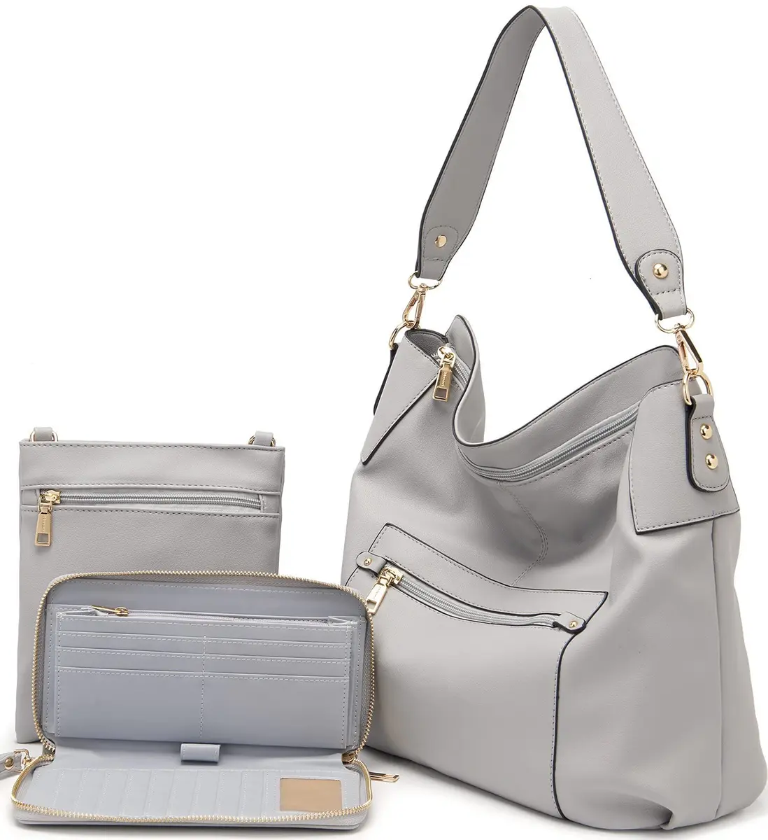 Idesort Large Hobo Purse and Wallet Set for Women — Grey, 3-Piece Set | Water & Fade Resistant Synthetic Leather - main product image