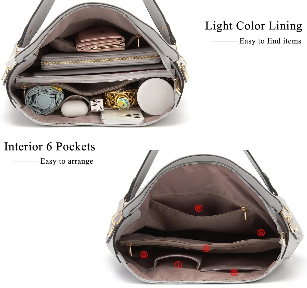 Idesort Large Hobo Purse and Wallet Set for Women — Grey, 3-Piece Set | Water & Fade Resistant Synthetic Leather - view 6