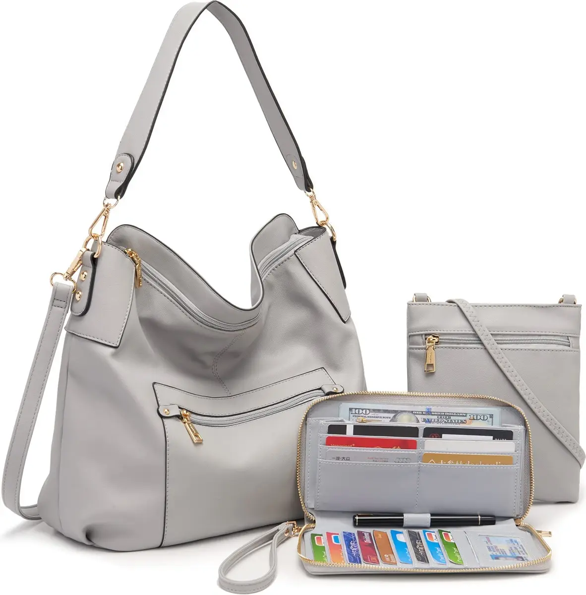 Idesort Large Hobo Purse and Wallet Set for Women — Grey, 3-Piece Set | Water & Fade Resistant Synthetic Leather - view 7