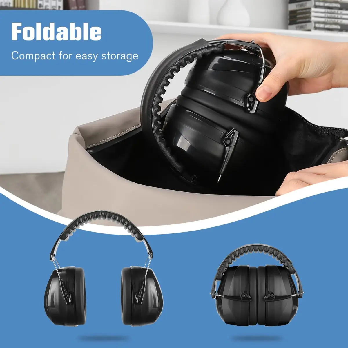 ProCase NRR 32dB Safety Earmuffs, Hearing Protection for Adults & Kids | Foldable Noise Reduction Earmuffs with Comfortable Fit for Shooting, Construction, Mowing and Sensory Support-Black - view 4