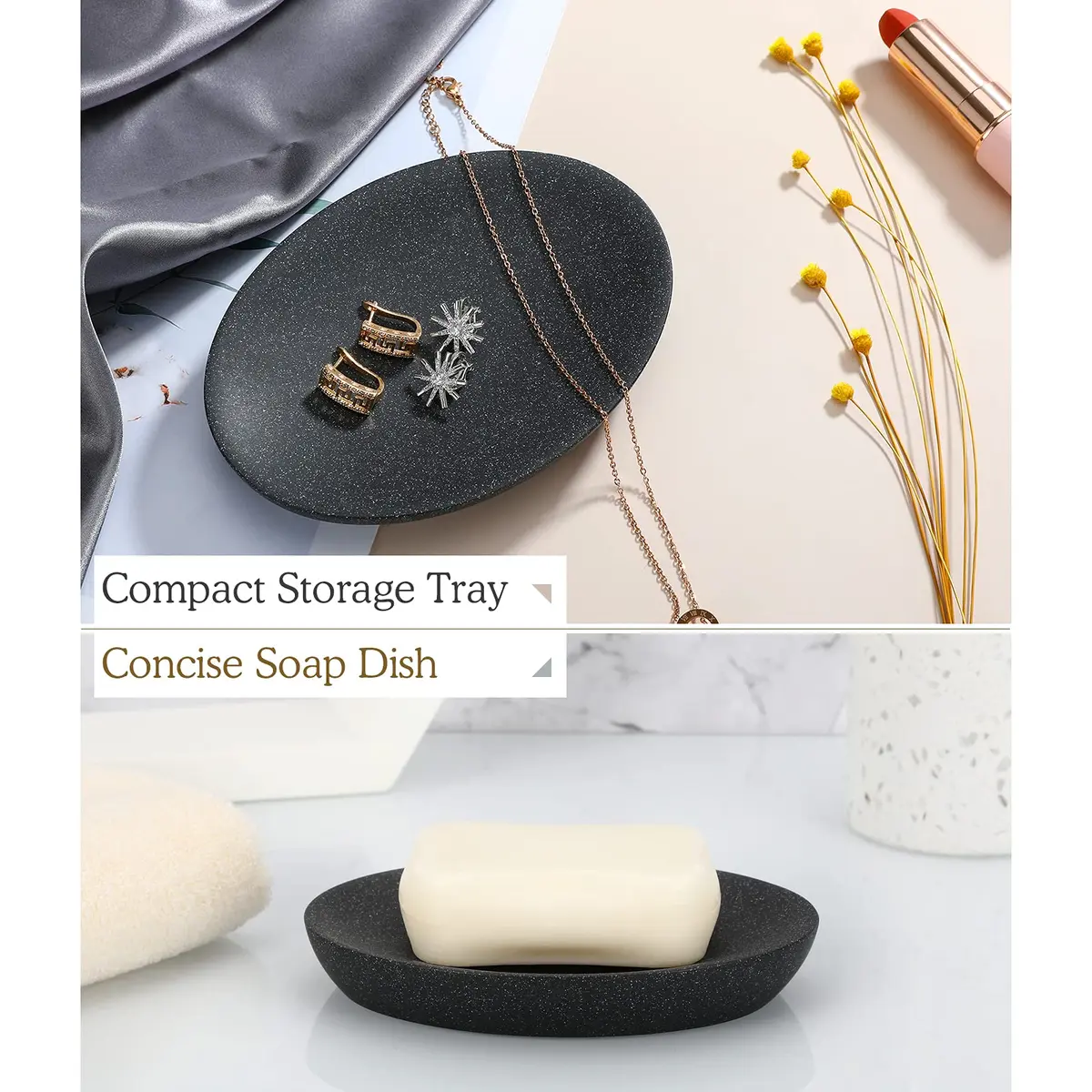 Luxspire Oval Soap Dish Resin Drainage Holder Gravel Black | Stylish & Durable Bathroom Accessory - view 3