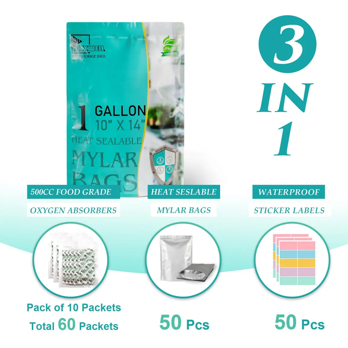 SHXWELL 1 Gallon Mylar Bags with Oxygen Absorbers & Labels, 10 Mil 10"x14" Zipper Pouches, 50 Count | Food-Grade, Puncture-Resistant, Long-Term Storage - view 2