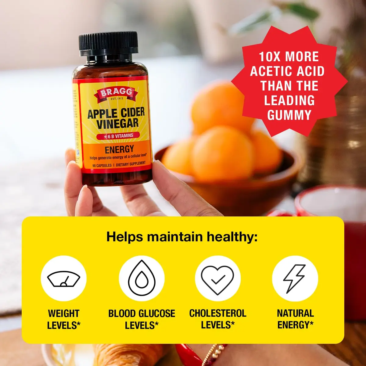 Bragg Energy Apple Cider Vinegar Capsules with B Vitamins - 90 Count (Pack of 1) | Cellular Energy Production - view 2