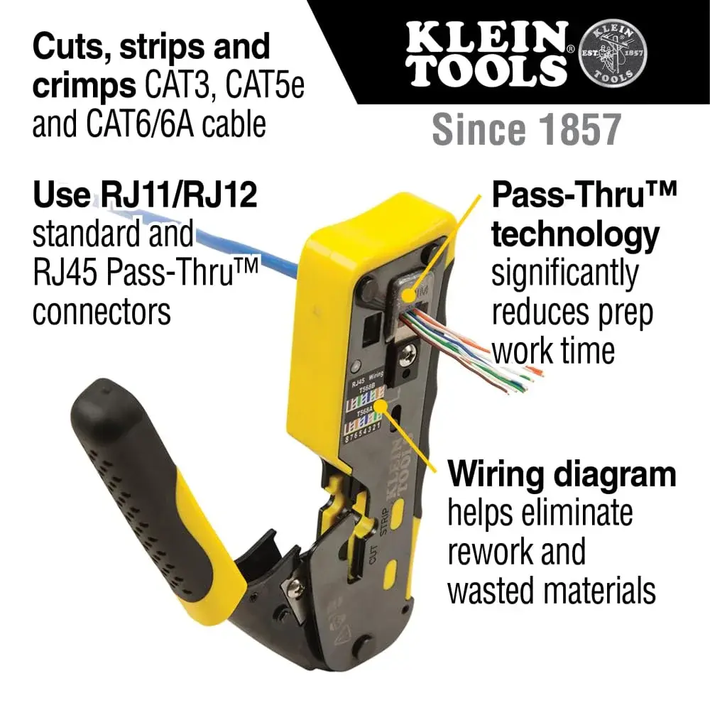 Klein Tools Ratcheting Data Cable and RJ45 Crimp Tool with CAT6 Plug 50-Pack | Pass Thru Installation Tool Kit - view 2