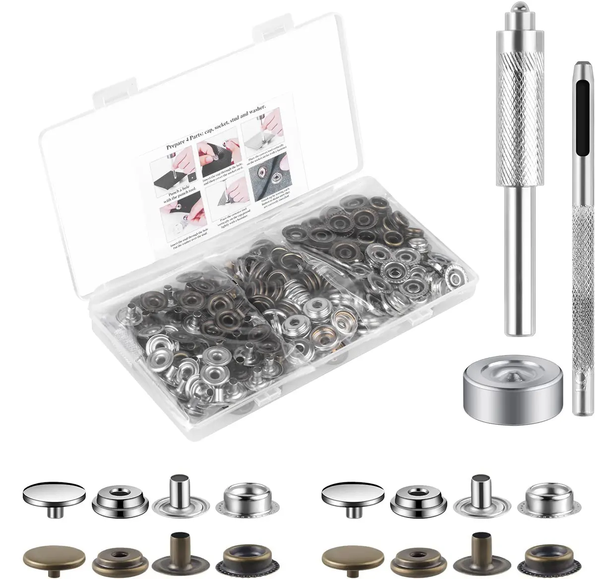 Moocci 200 Pcs (50 Sets) Leather Snap Fastener Kit Tool 15mm (0.59 inch) Silver+Bronze | Heavy Duty Stainless Steel Press Studs for Bags, Jeans, Clothes, Fabric - main product image