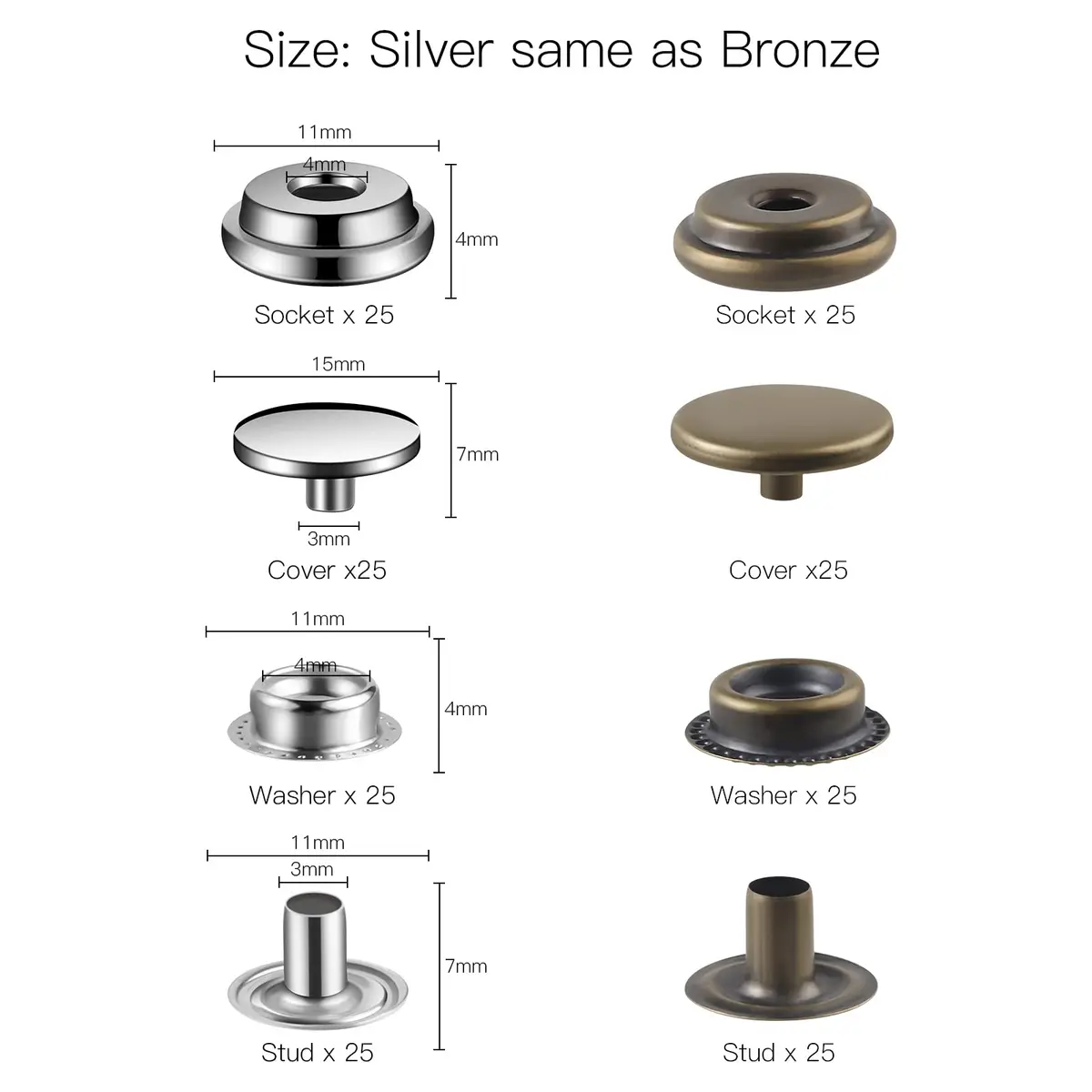 Moocci 200 Pcs (50 Sets) Leather Snap Fastener Kit Tool 15mm (0.59 inch) Silver+Bronze | Heavy Duty Stainless Steel Press Studs for Bags, Jeans, Clothes, Fabric - view 2