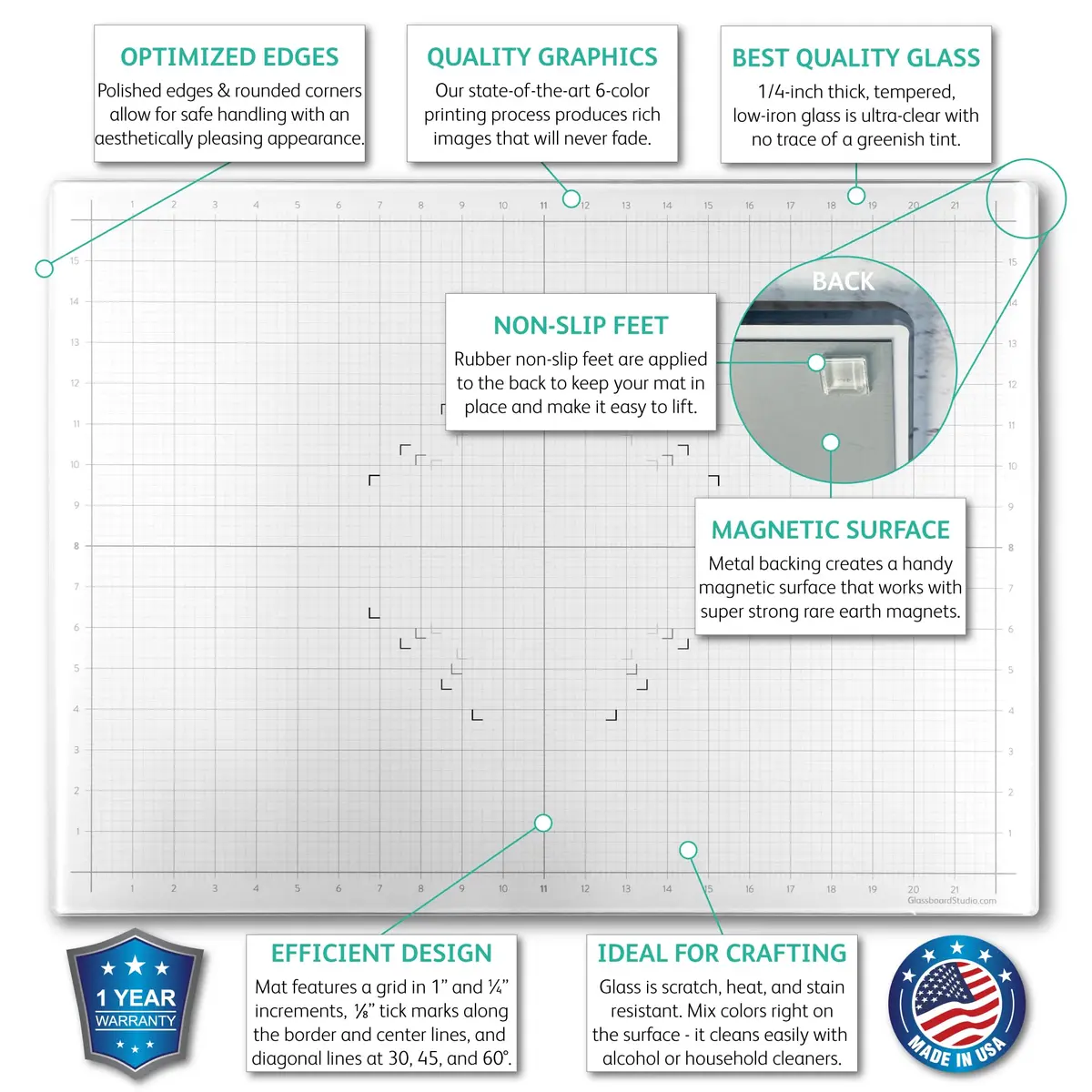 Glassboard Studio True White Glass Craft Mat (13.5x18in) | Heat & Scratch Resistant Craft Surface with Grid & Angle Lines - view 2