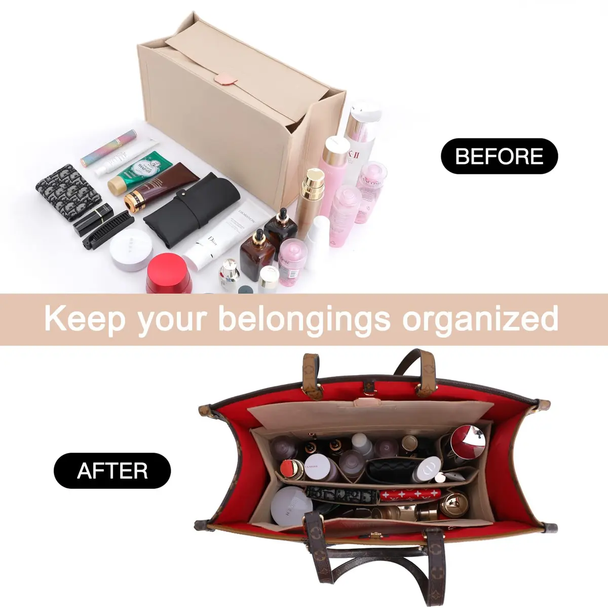 Doxo Felt Purse Organizer Insert for LV On The Go GM, With Cover, Beige | Keeps Bag Shape & Organizes Contents - view 3