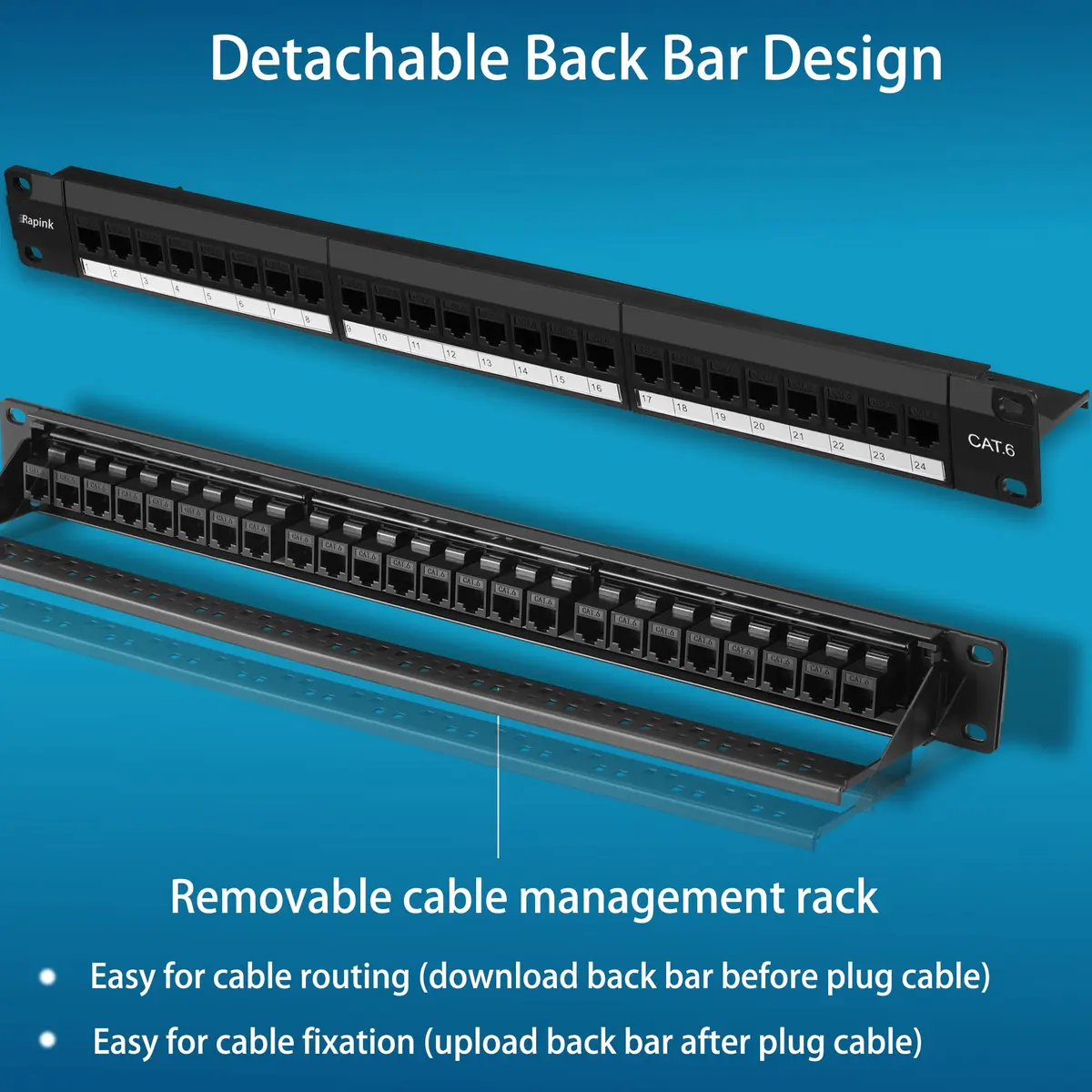 Rapink 24-Port Cat6 Patch Panel with Inline Keystone Couplers 19-Inch | 10Gbps Speed Support - view 5