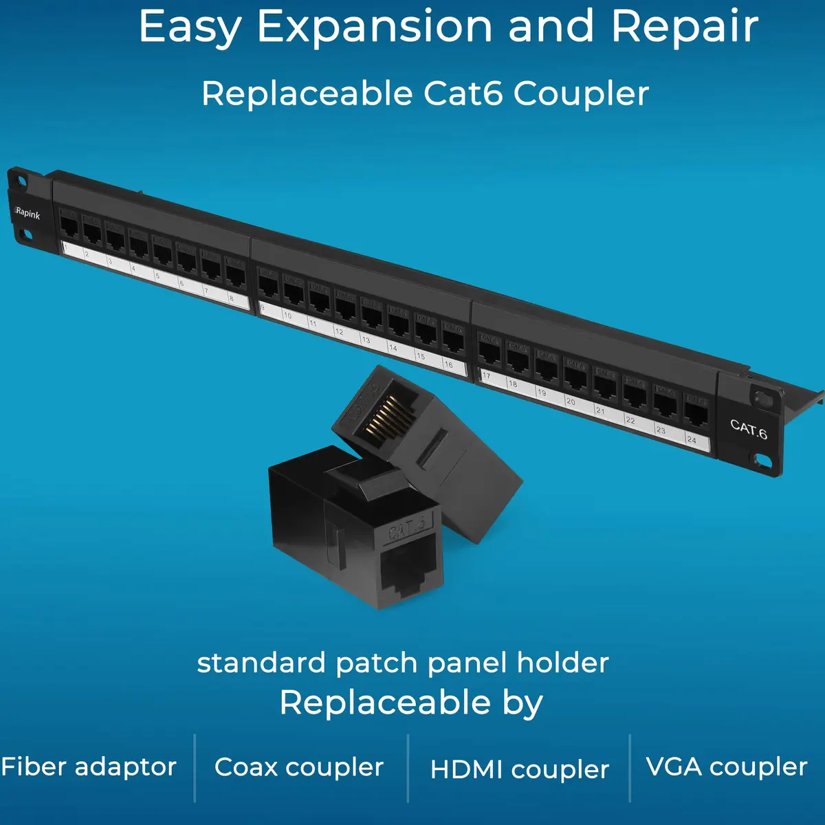 Rapink 24-Port Cat6 Patch Panel with Inline Keystone Couplers 19-Inch | 10Gbps Speed Support - view 3