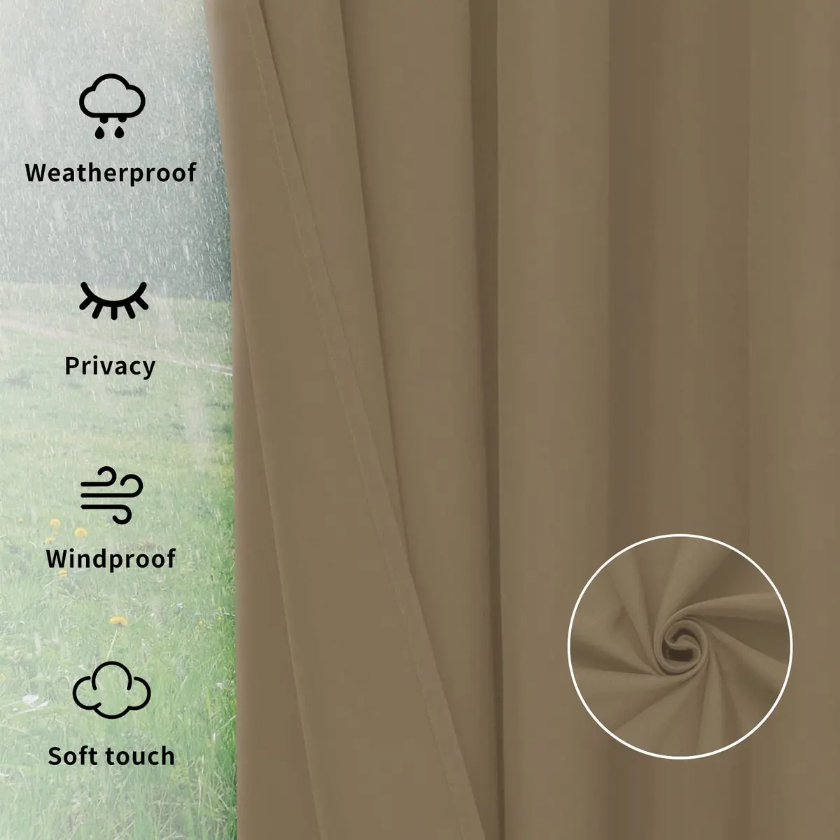 Easy-Going Outdoor Curtains for Patio 110x108 inch Khaki | Waterproof Windproof Privacy Panel - view 6