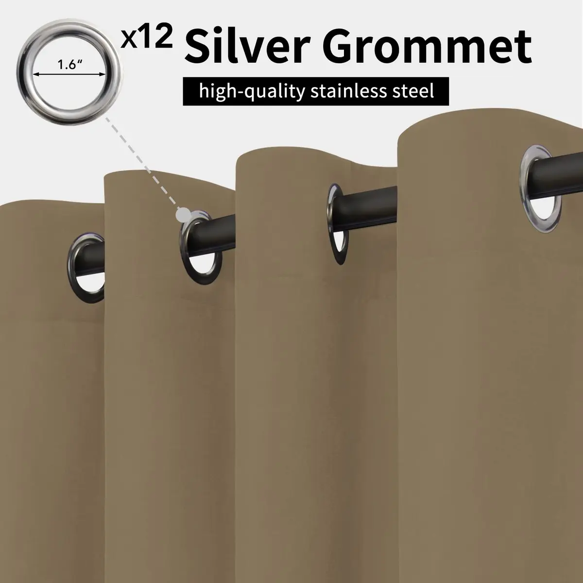 Easy-Going Outdoor Curtains for Patio 110x108 inch Khaki | Waterproof Windproof Privacy Panel - view 2