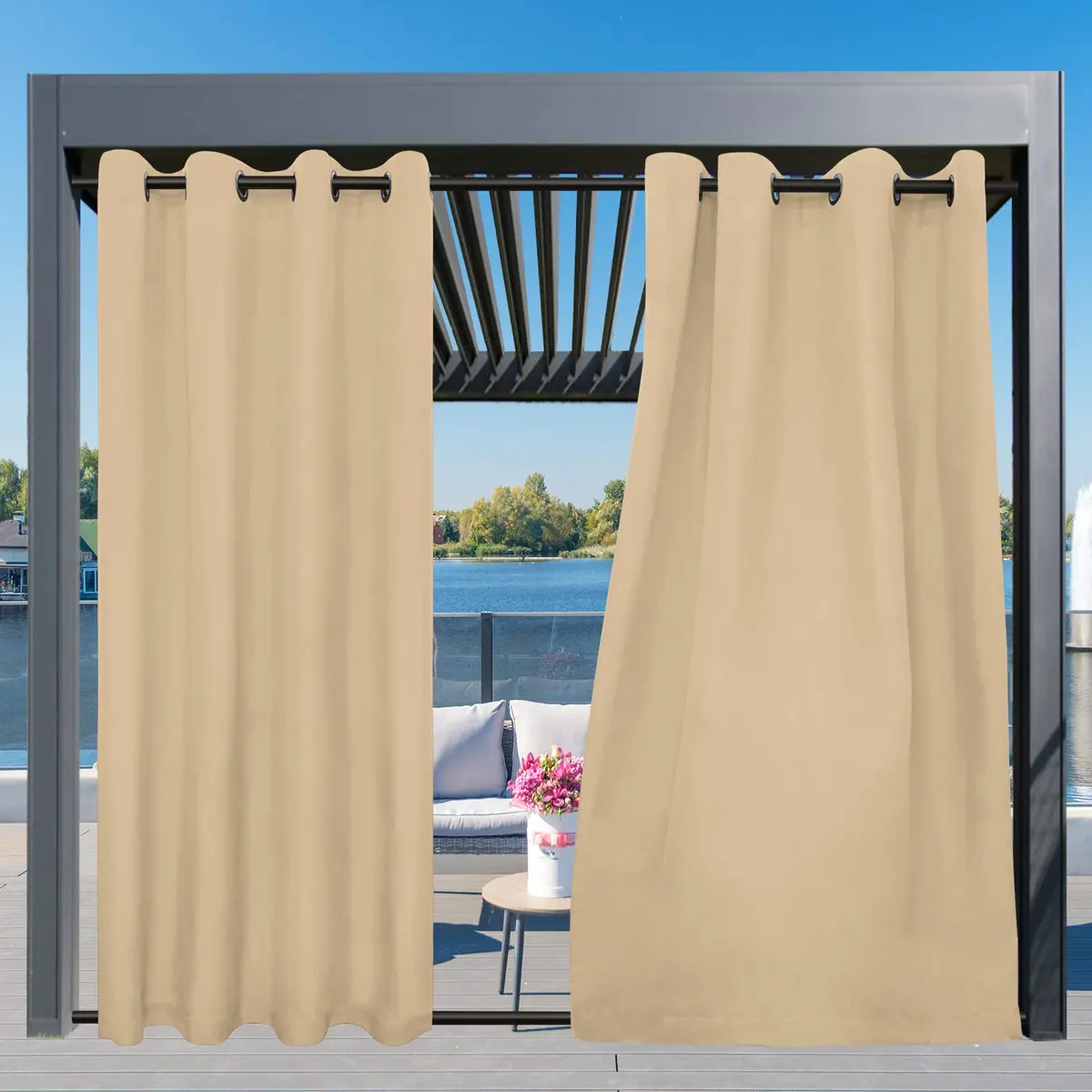 Easy-Going Outdoor Curtains for Patio 54x120 inch Beige | Waterproof Windproof Privacy Drapes - view 3