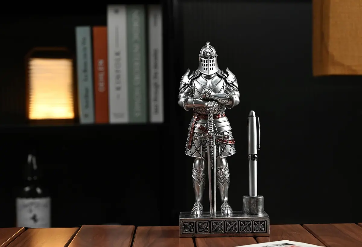 Amoysanli Silver Caddy Resin Pen Stand with Knight Statue | Retro Desk Organizer for Office & School - view 5