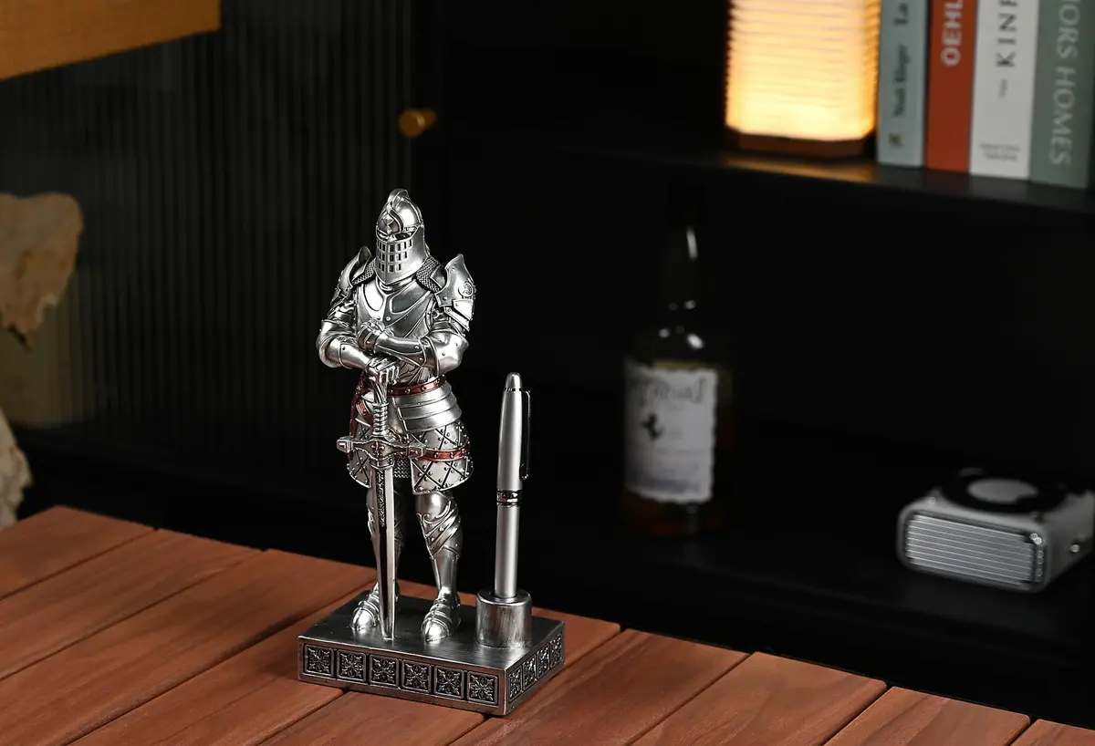 Amoysanli Silver Caddy Resin Pen Stand with Knight Statue | Retro Desk Organizer for Office & School - view 7
