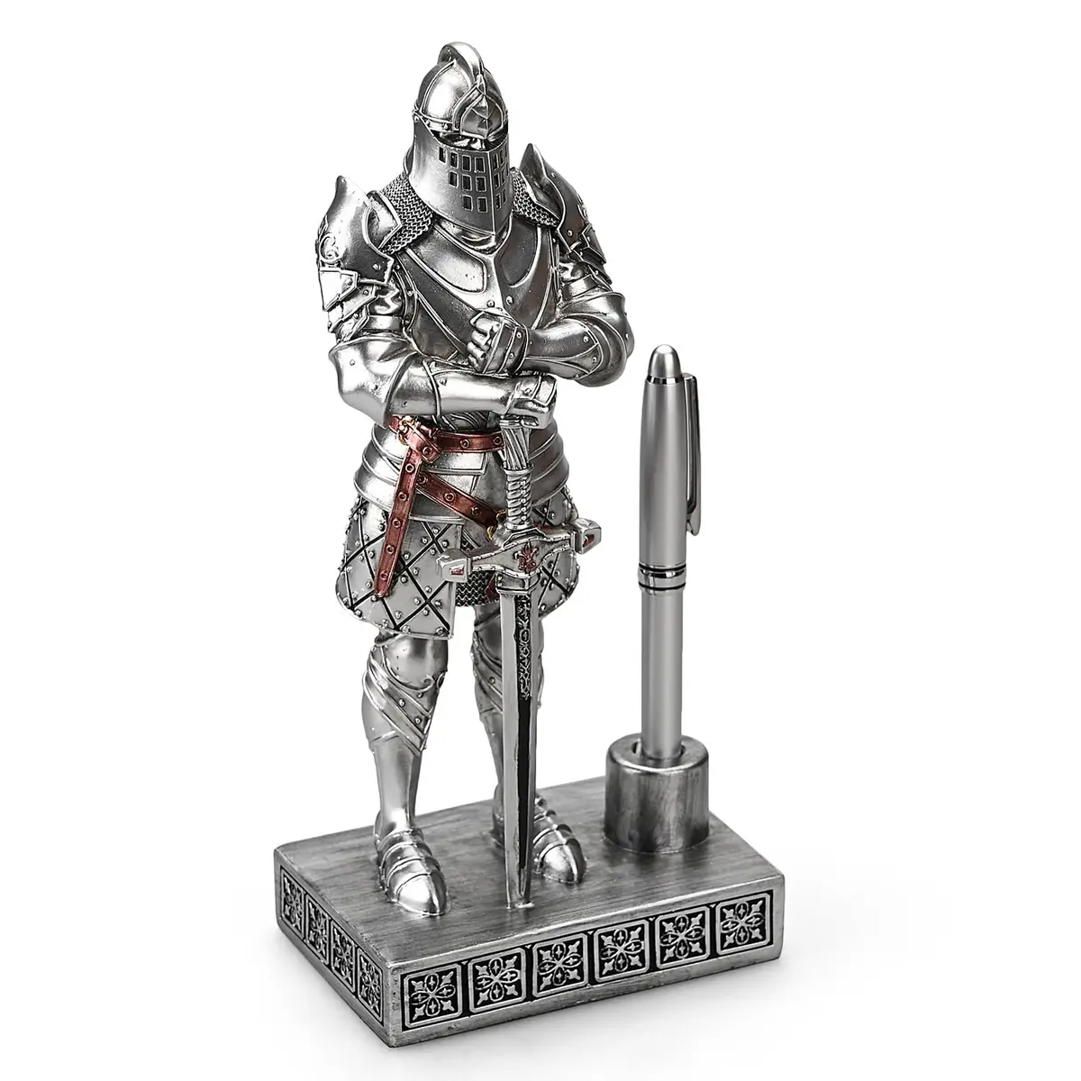 Amoysanli Silver Caddy Resin Pen Stand with Knight Statue | Retro Desk Organizer for Office & School - view 2