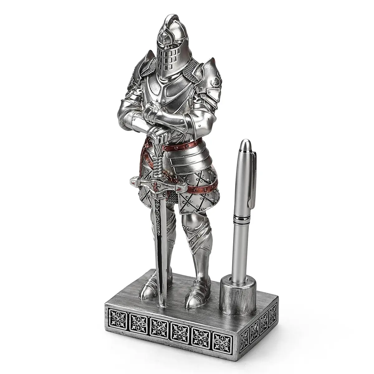 Amoysanli Silver Caddy Resin Pen Stand with Knight Statue | Retro Desk Organizer for Office & School - view 3