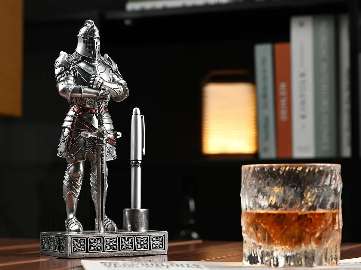 Amoysanli Silver Caddy Resin Pen Stand with Knight Statue | Retro Desk Organizer for Office & School - view 4