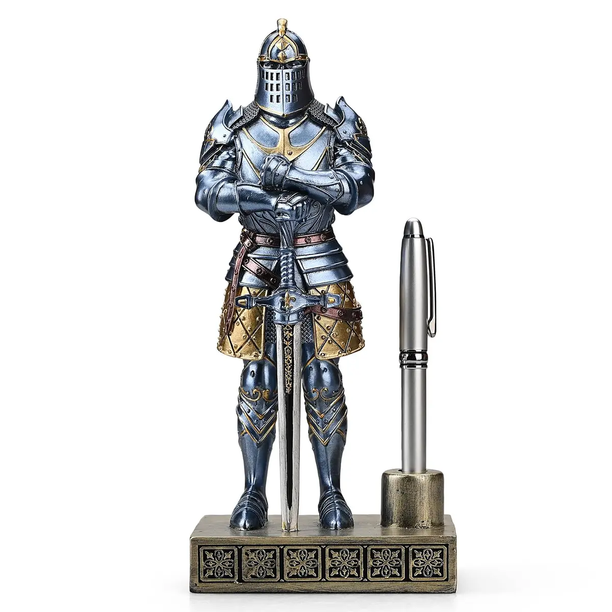 Amoysanli Blue Caddy Resin Pen Stand with Refillable Pen | Retro Knight Desk Organizer (4.2x2.75x9.45 inch) - main product image