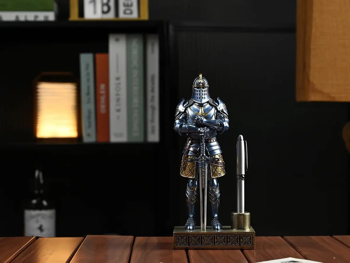 Amoysanli Blue Caddy Resin Pen Stand with Refillable Pen | Retro Knight Desk Organizer (4.2x2.75x9.45 inch) - view 5