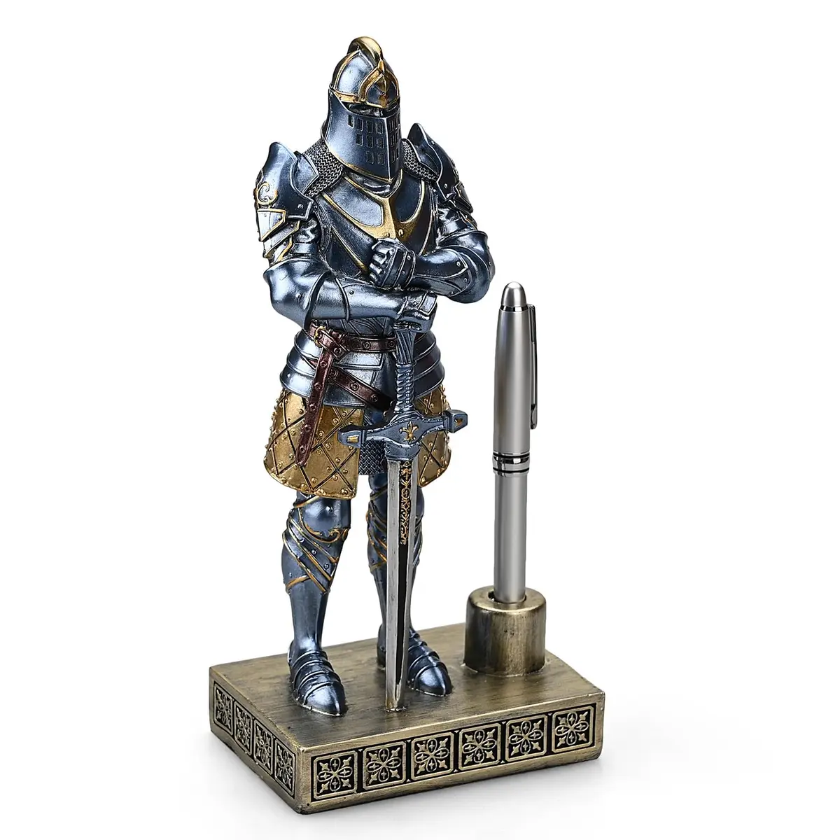 Amoysanli Blue Caddy Resin Pen Stand with Refillable Pen | Retro Knight Desk Organizer (4.2x2.75x9.45 inch) - view 2