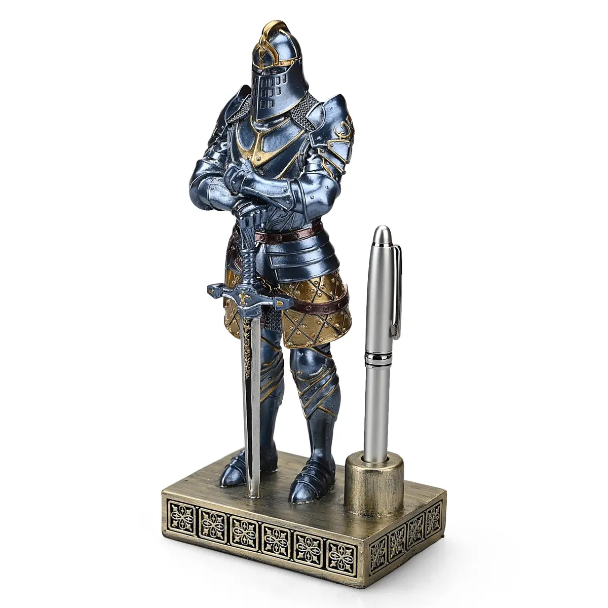 Amoysanli Blue Caddy Resin Pen Stand with Refillable Pen | Retro Knight Desk Organizer (4.2x2.75x9.45 inch) - view 3
