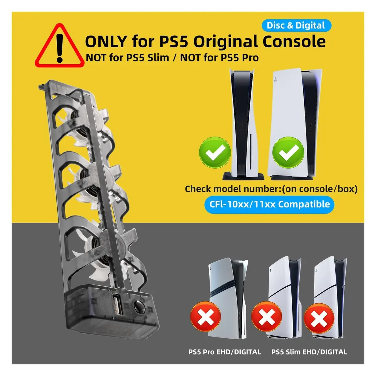 NANANINO Cooling Fan for PS5 Console | 3-Fan External Cooler with USB Charging, Blue LED, Quiet Operation - view 2