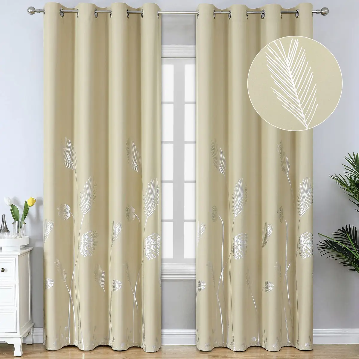 Estelar Textiler Beige Blackout Patterned Curtains for Living Room & Bedroom 52Wx84L Inch | Elegant Palm Banana Leaf Design - main product image