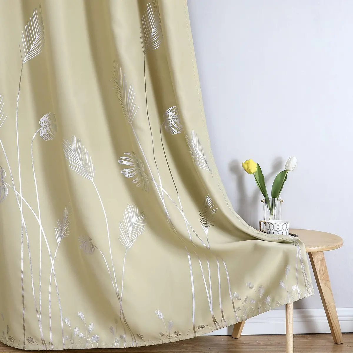 Estelar Textiler Beige Blackout Patterned Curtains for Living Room & Bedroom 52Wx84L Inch | Elegant Palm Banana Leaf Design - view 7