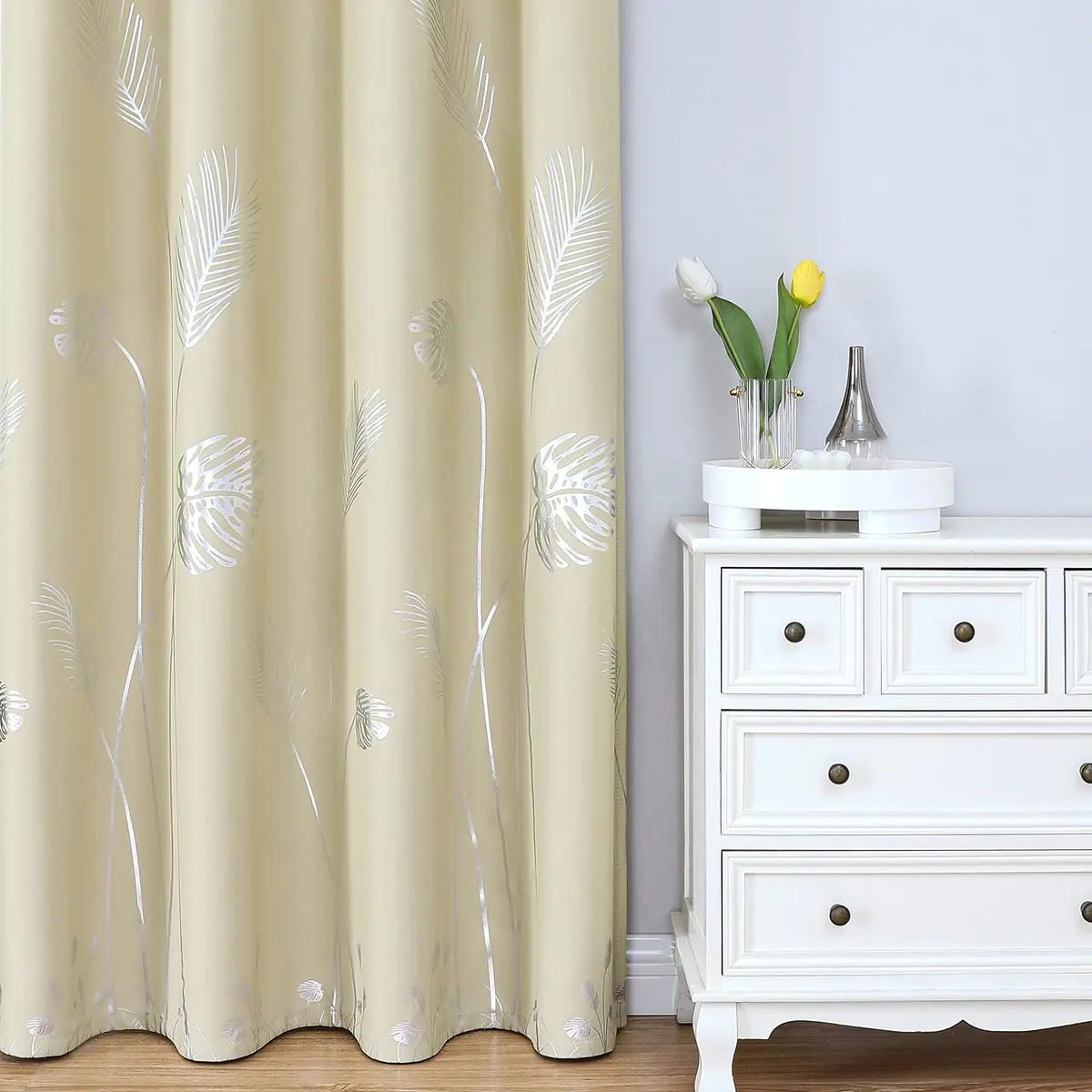 Estelar Textiler Beige Blackout Patterned Curtains for Living Room & Bedroom 52Wx84L Inch | Elegant Palm Banana Leaf Design - view 2