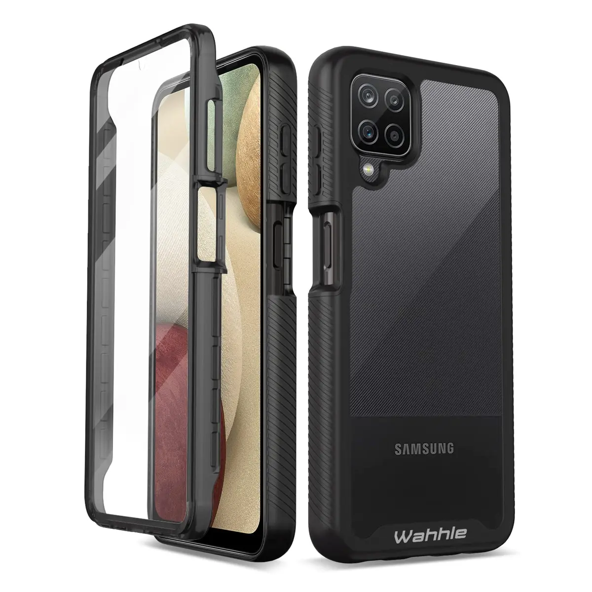 wahhle Compatible with Samsung Galaxy A12 Case, Built-in Screen Protector, Shockproof Slim Fit Bumper, Black/Clear | Full Body Protection - main product image