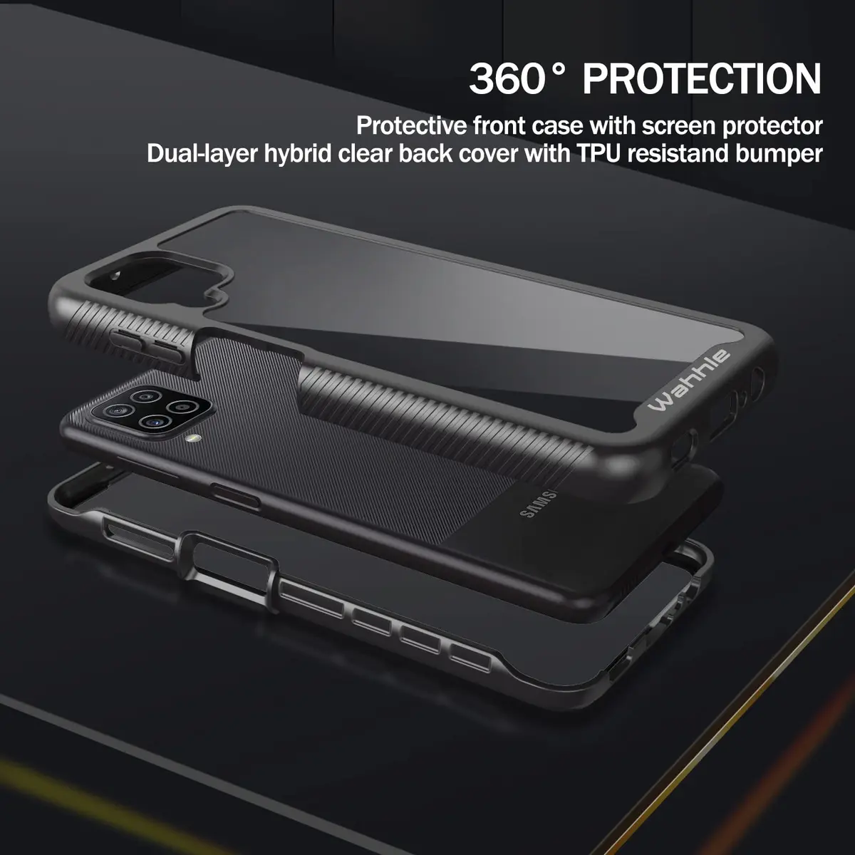 wahhle Compatible with Samsung Galaxy A12 Case, Built-in Screen Protector, Shockproof Slim Fit Bumper, Black/Clear | Full Body Protection - view 3