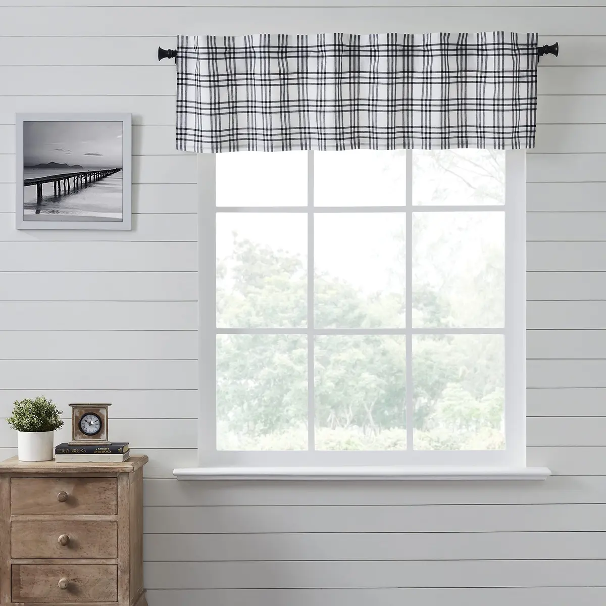VHC Brands Sawyer Mill Plaid Valance 16x60 in. Black Cotton | Farmhouse Country Style Window Decor - main product image