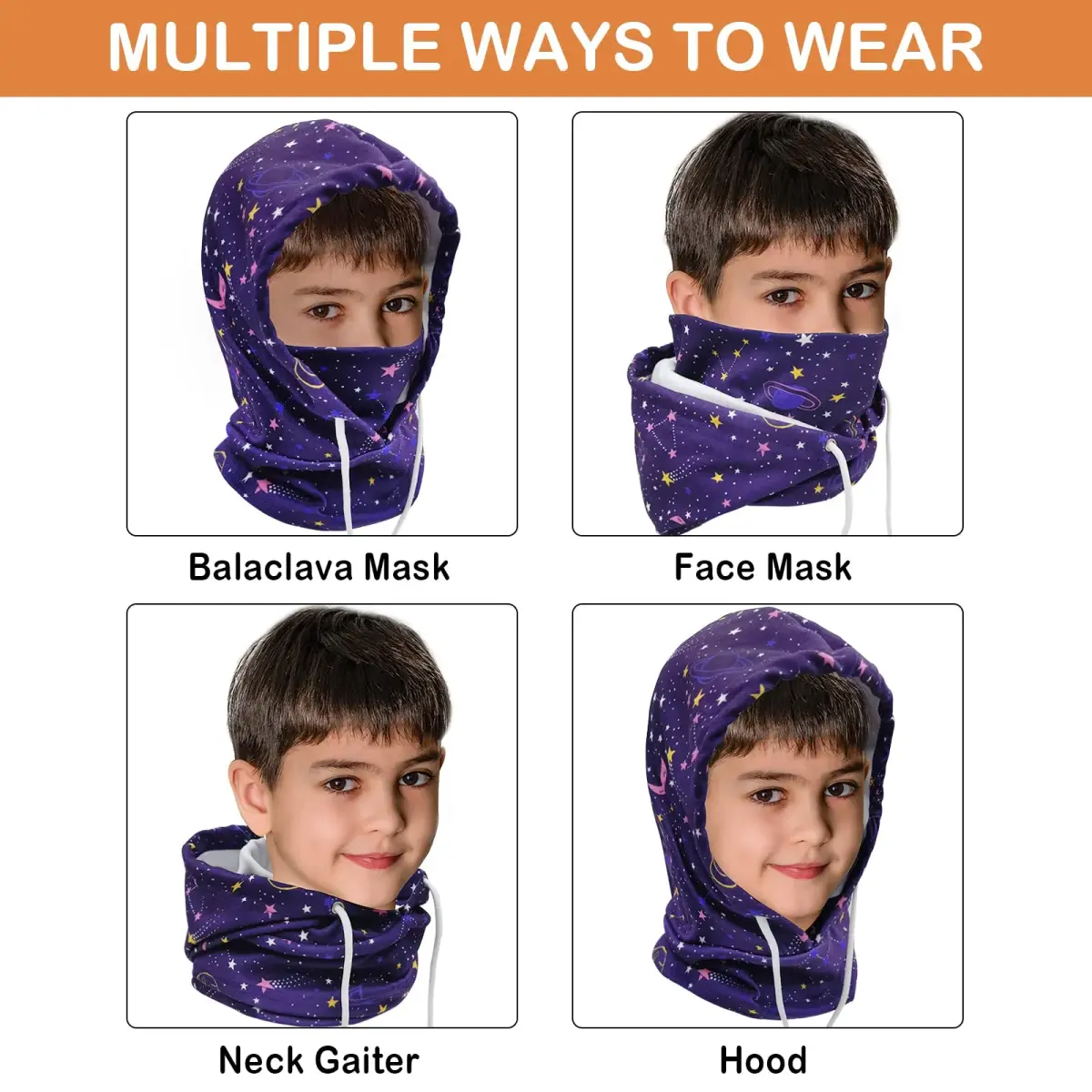 Ineetatu Kids Winter Balaclava Windproof Hats (2 Pack) - Universe + Snowman, Ages 4-16 | Warm Fleece Ski Mask with Adjustable Face Cover - view 5