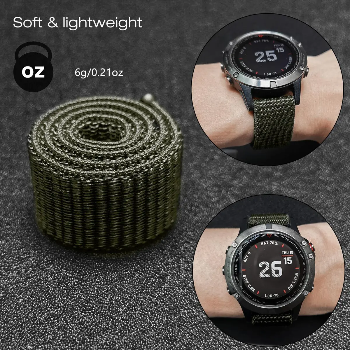 Abanen Hook and Loop Watch Band 22mm Black Green | Compatible with Garmin Fenix 8/7/6/5, Instinct 3/2, epix Pro 47mm - view 5