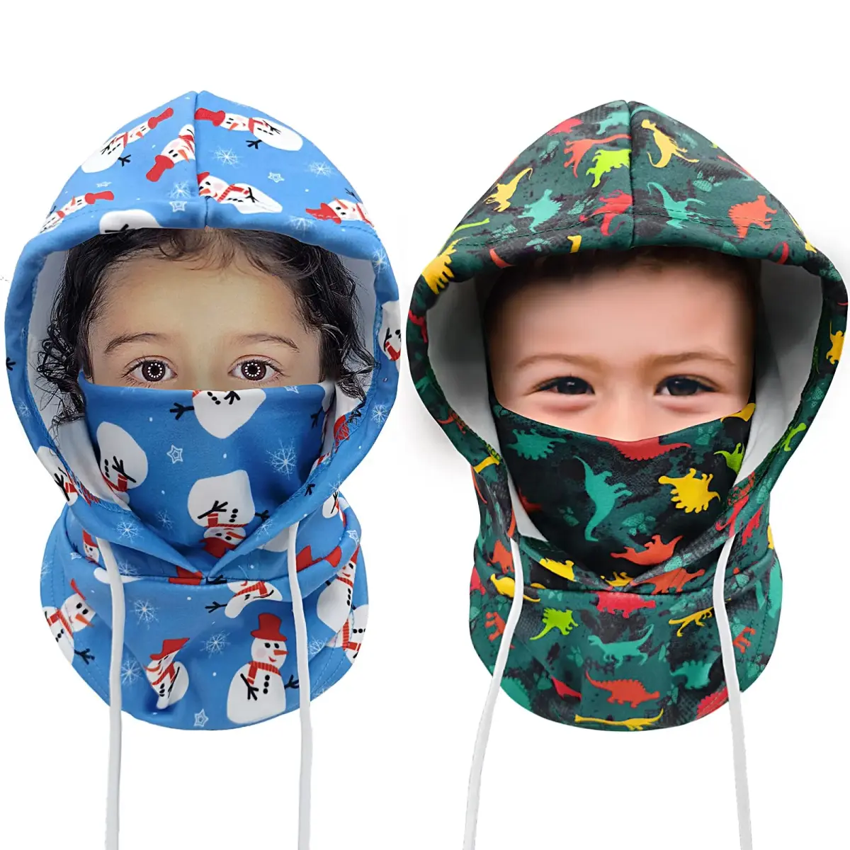 Ineetatu Kids Winter Balaclava Windproof Hats (2 Pack) - Adjustable Fleece Ski Mask for Boys & Girls, Dinosaur + Snowman - main product image