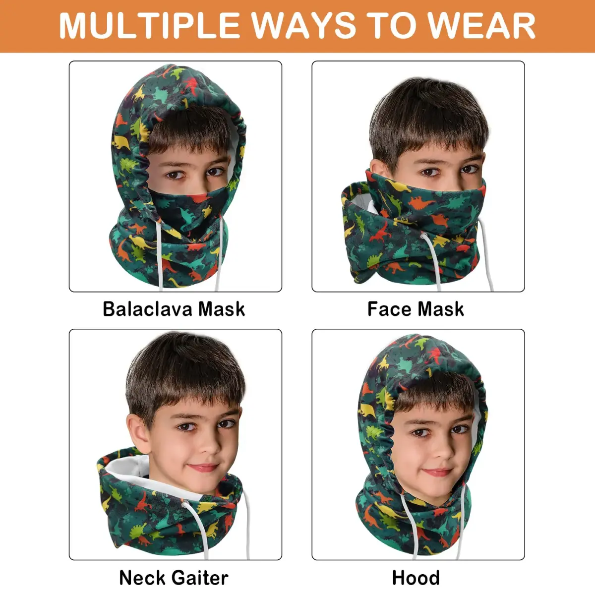 Ineetatu Kids Winter Balaclava Windproof Hats (2 Pack) - Adjustable Fleece Ski Mask for Boys & Girls, Dinosaur + Snowman - view 5
