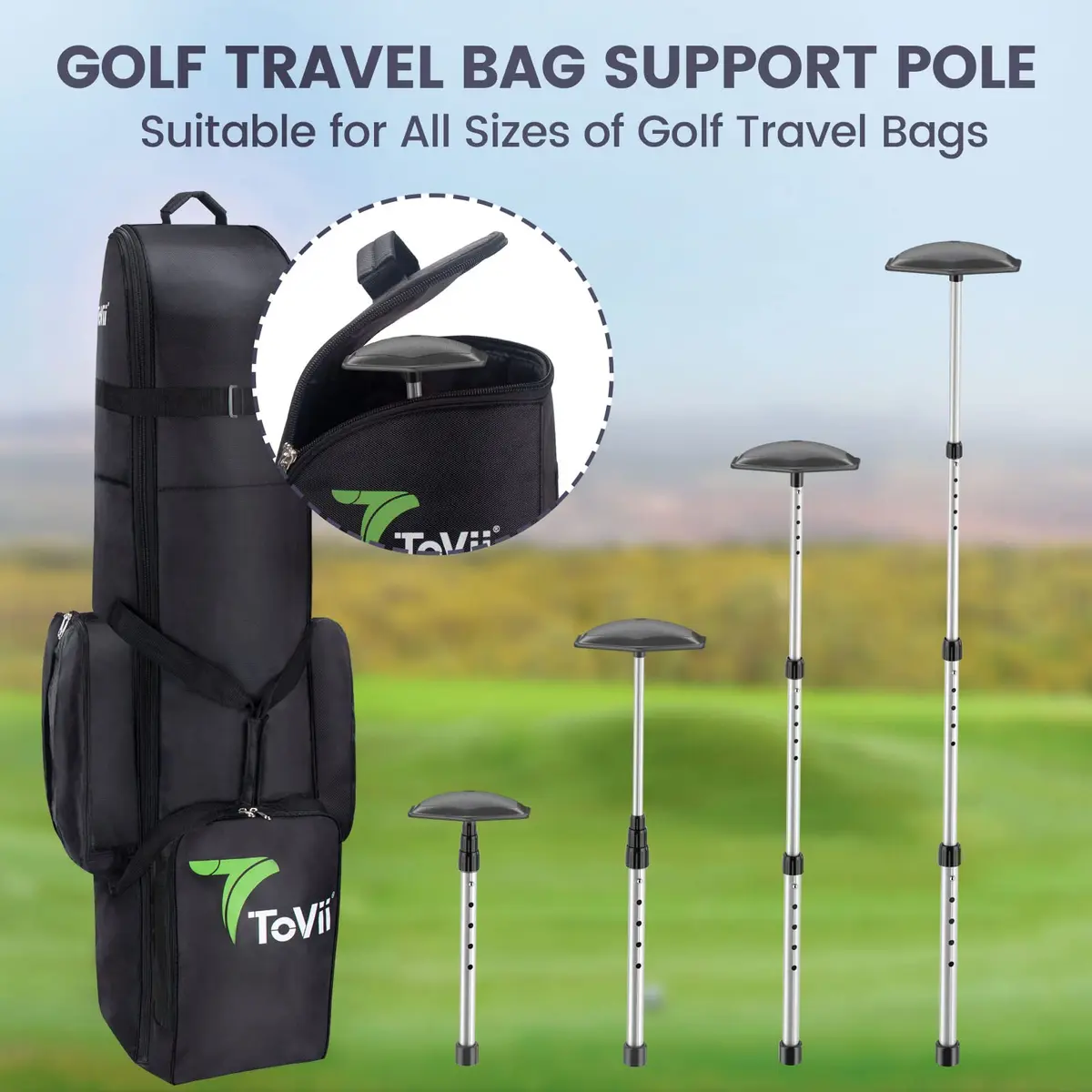 ToVii Golf Travel Bag Support Pole, Telescopic Aluminum Alloy, Impact-Resistant, Black | Adjustable & Lightweight - view 6