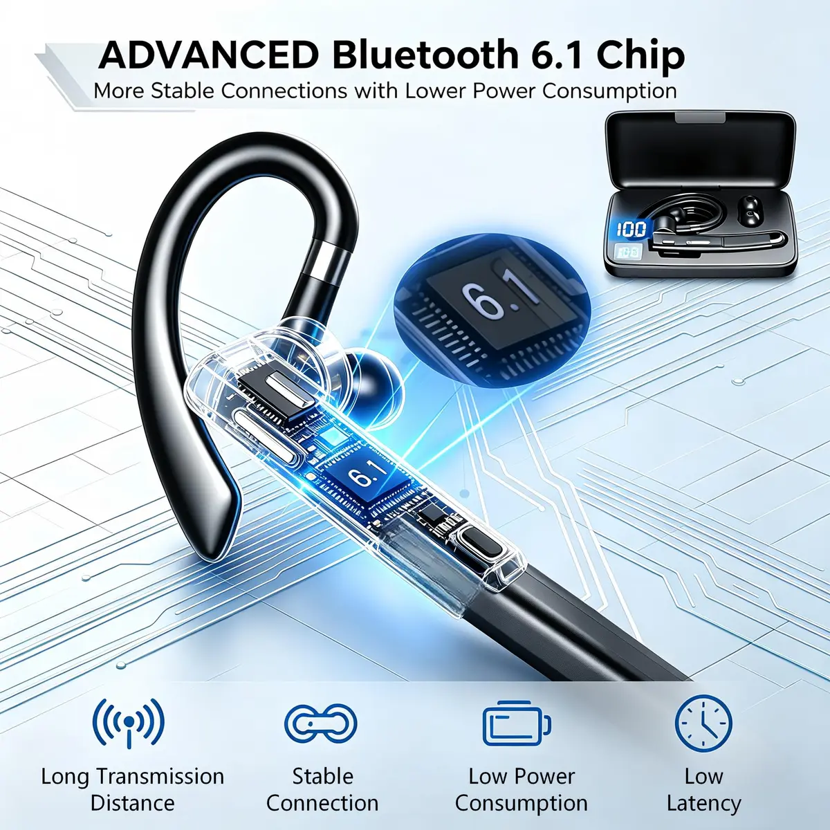 Hsility Bluetooth Headset V6.1 Business Earbud with 500mAh Case | 100Hrs Talk Time Dual Noise Cancelling Wireless Earpiece - view 3