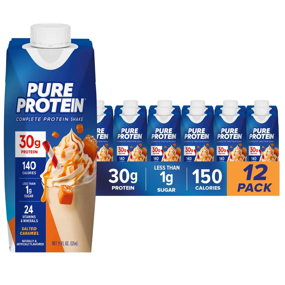 Pure Protein Salted Caramel Shake, Ready to Drink and Keto-Friendly, 12 Ct | 30g Protein, Less Than 1g Sugar, Immune Support - main product image