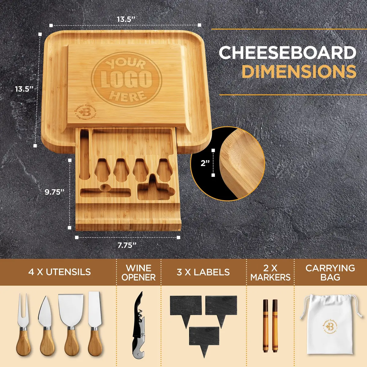 Bambüsi Personalized Charcuterie Board 14.5" x 14" Bamboo & Stainless Steel | Engraved Wedding Gift - view 4