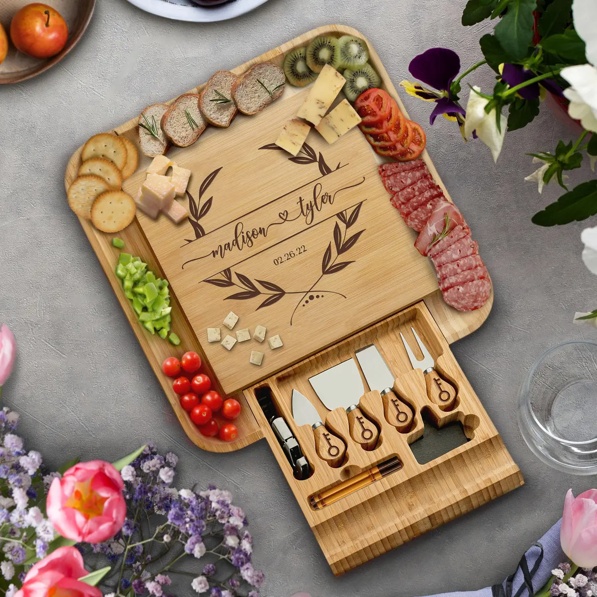Bambüsi Personalized Charcuterie Board 14.5" x 14" Bamboo & Stainless Steel | Engraved Wedding Gift - main product image