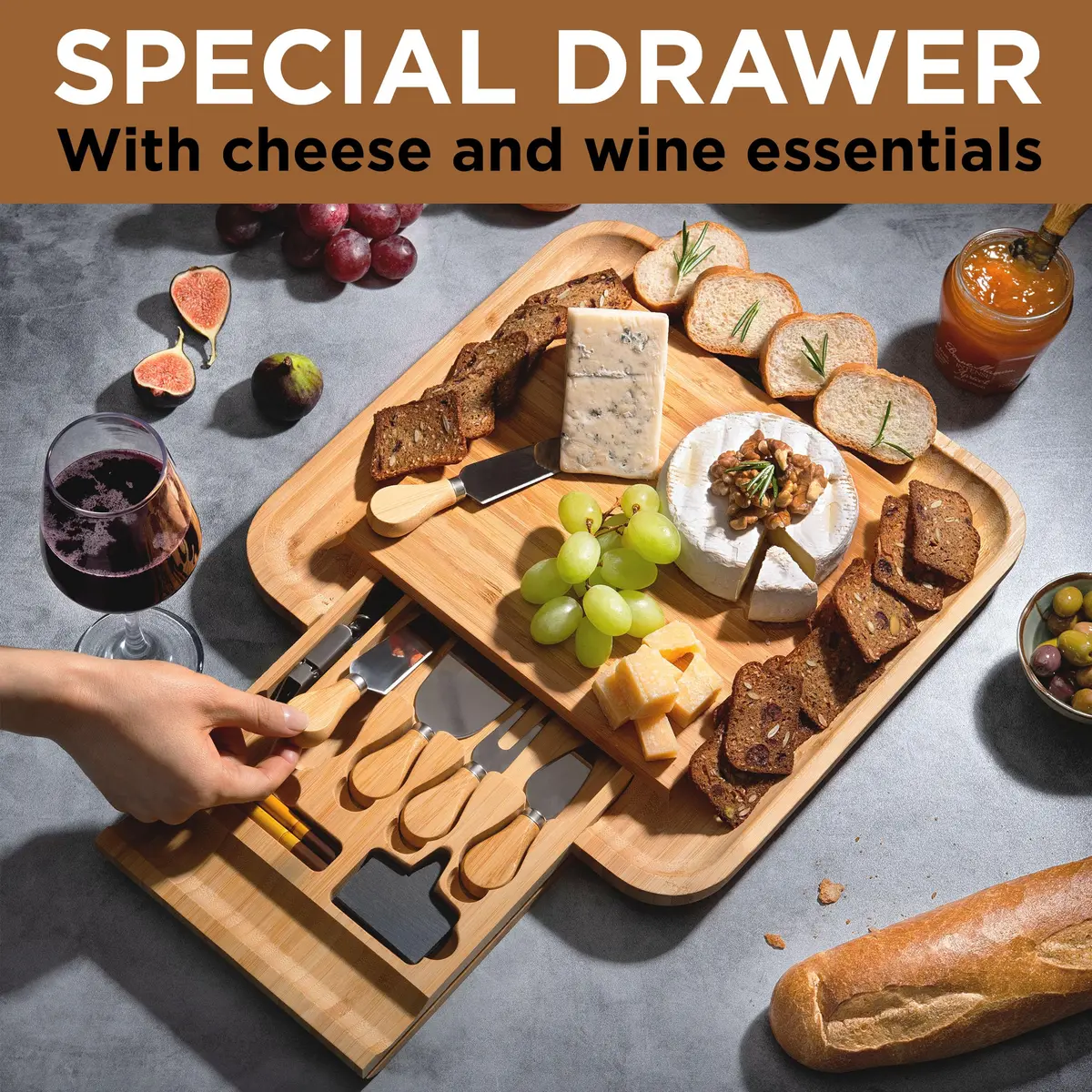 Bambüsi Personalized Charcuterie Board 14.5" x 14" Bamboo & Stainless Steel | Engraved Wedding Gift - view 3