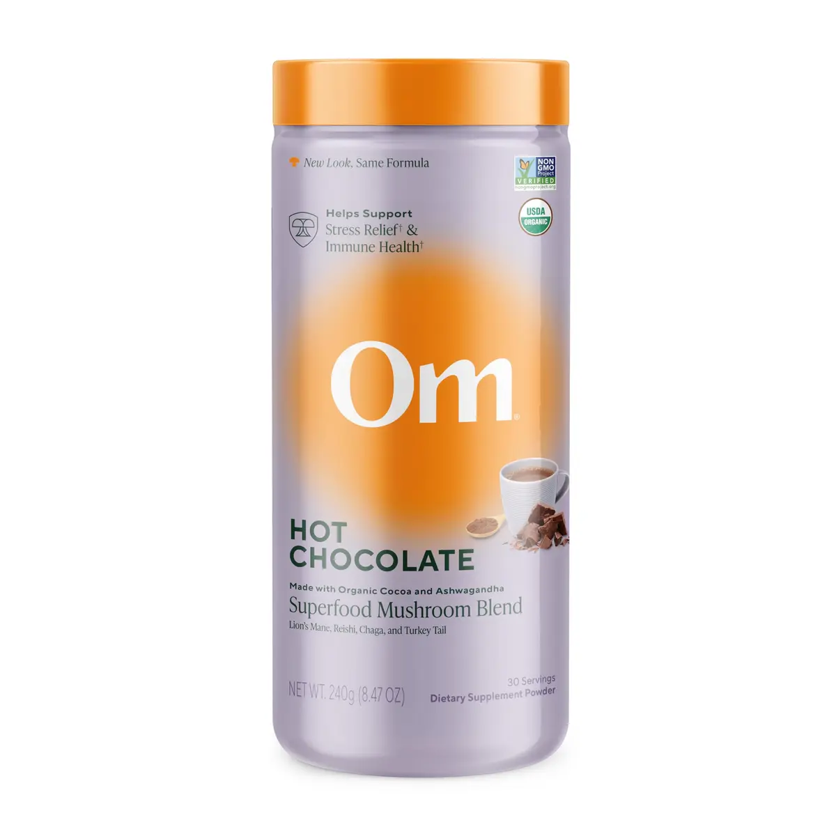 OM MUSHROOM SUPERFOOD Hot Chocolate Blend – Dutch Cocoa with Lion’s Mane, Reishi, Chaga & Turkey Tail – Supports Focus, Calm & Stress Relief – 2g Sugar, 25 Calories – 8.47 oz Canister (30 Servings) - main product image