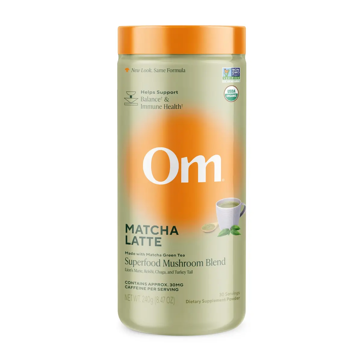 OM MUSHROOM SUPERFOOD Matcha Latte Blend – Green Tea Mushroom Powder with Lion’s Mane, Reishi, Chaga & Turkey Tail – 8.47 oz Canister (30 Servings) - main product image