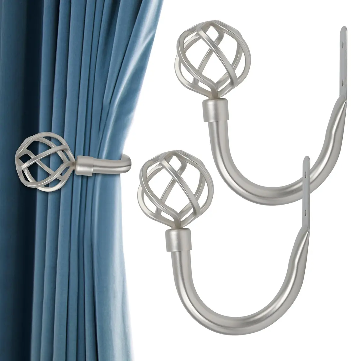 HIKMLK Curtain Holdbacks 2pcs | Solid Cast Iron Heavy Duty Wall Hooks (Satin Nickel) - main product image