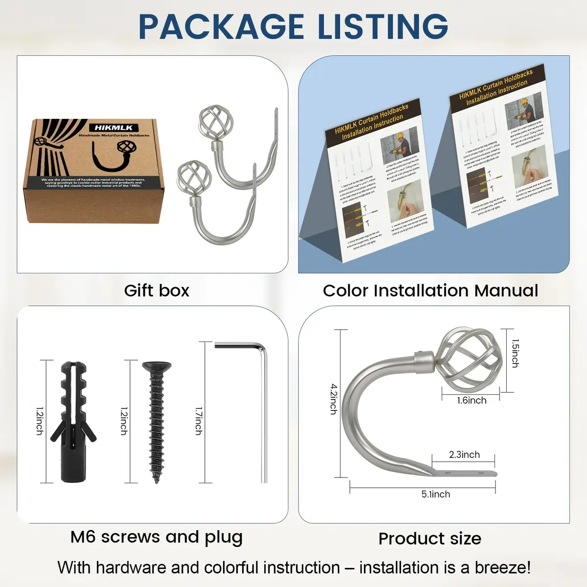 HIKMLK Curtain Holdbacks 2pcs | Solid Cast Iron Heavy Duty Wall Hooks (Satin Nickel) - view 6
