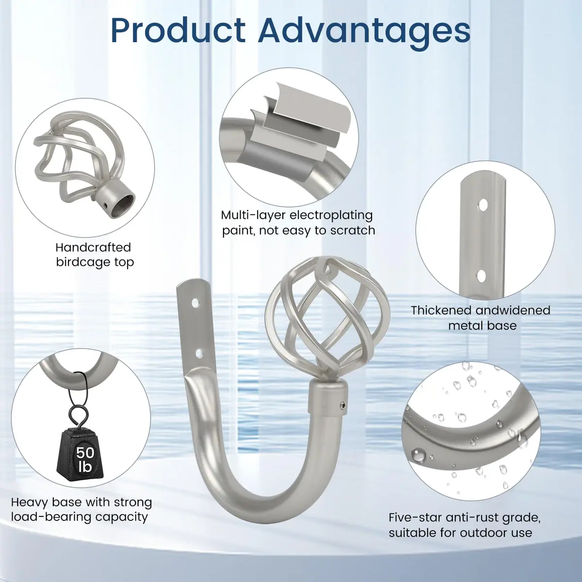 HIKMLK Curtain Holdbacks 2pcs | Solid Cast Iron Heavy Duty Wall Hooks (Satin Nickel) - view 3