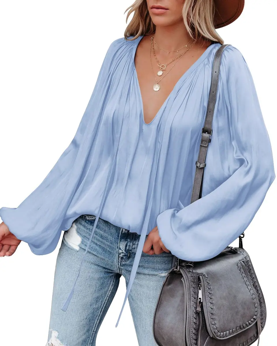 LAMISSCHE Womens Deep V Neck Blouse Satin Long Sleeve | Sexy Casual Tunic in Polyester (L) - main product image