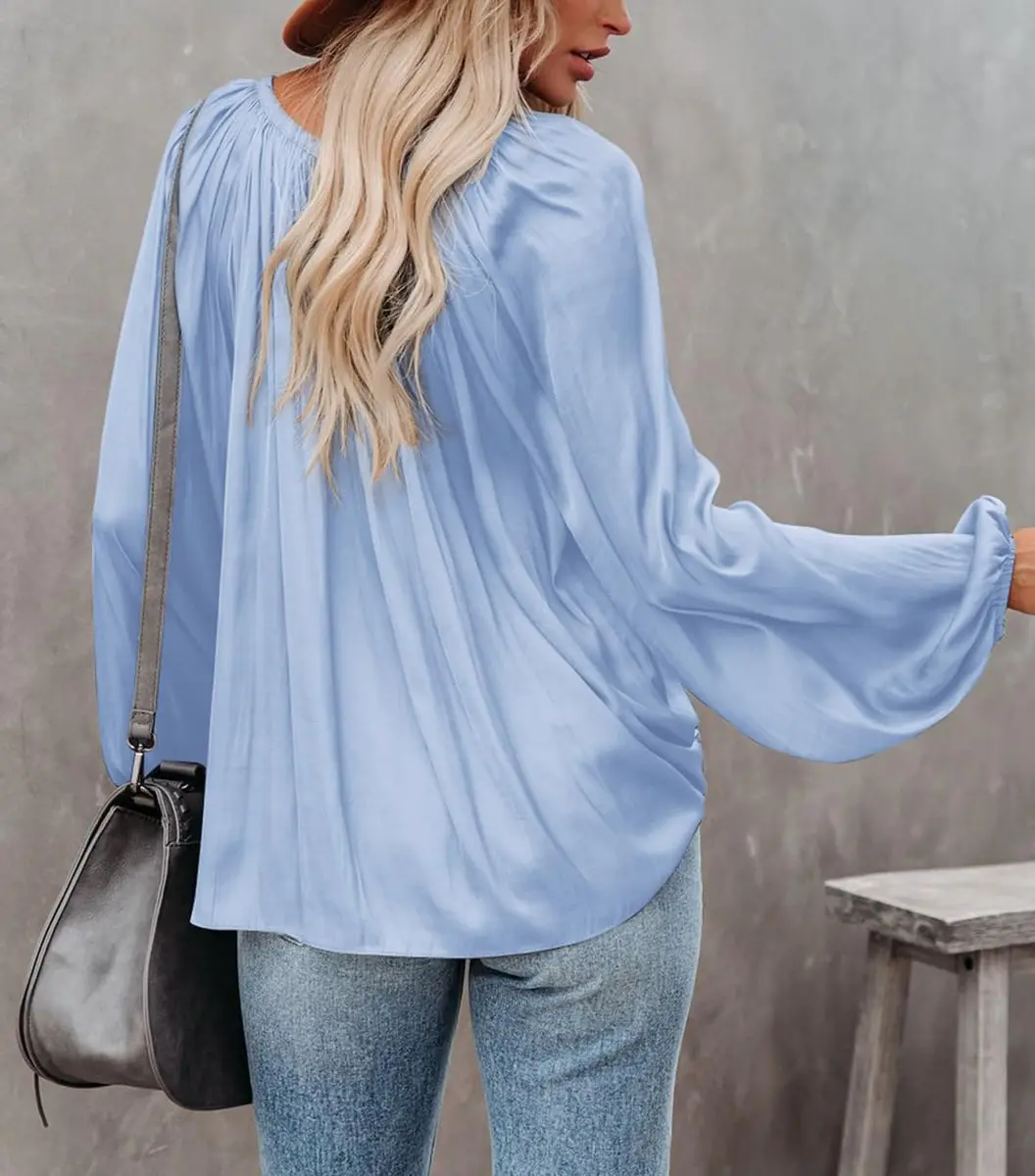 LAMISSCHE Womens Deep V Neck Blouse Satin Long Sleeve | Sexy Casual Tunic in Polyester (L) - view 6
